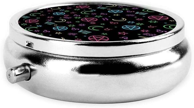 Purse Pill Organizer, Round Portable Case, Waterproof Holder for Vitamins, Mini Travel Box for Urban Commuters, Witch Magic Sun Moon Star Alchemical Cosmic Signs Witchcraft