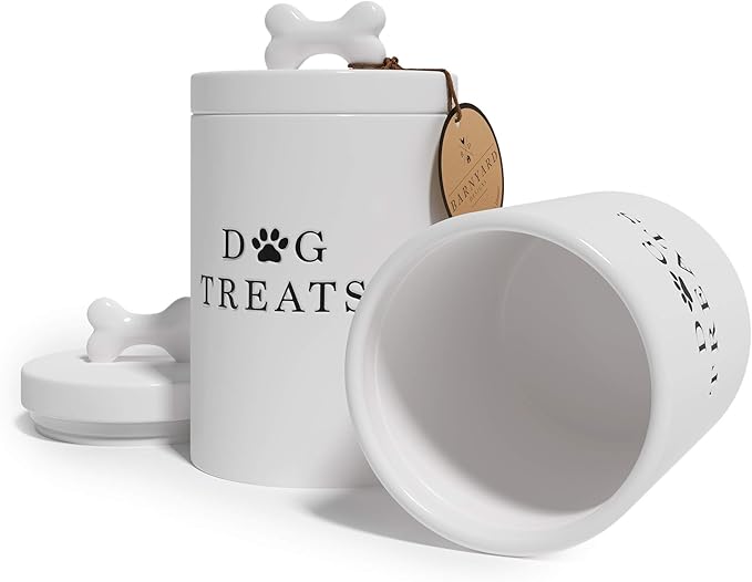Barnyard Designs Ceramic Dog Treat Container with Airtight Lid (White) | Large Rustic Storage Canister and Cookie Jar for Kitchen Counter; Airtight Lid Keeps Food Fresh; Farmhouse Decor
