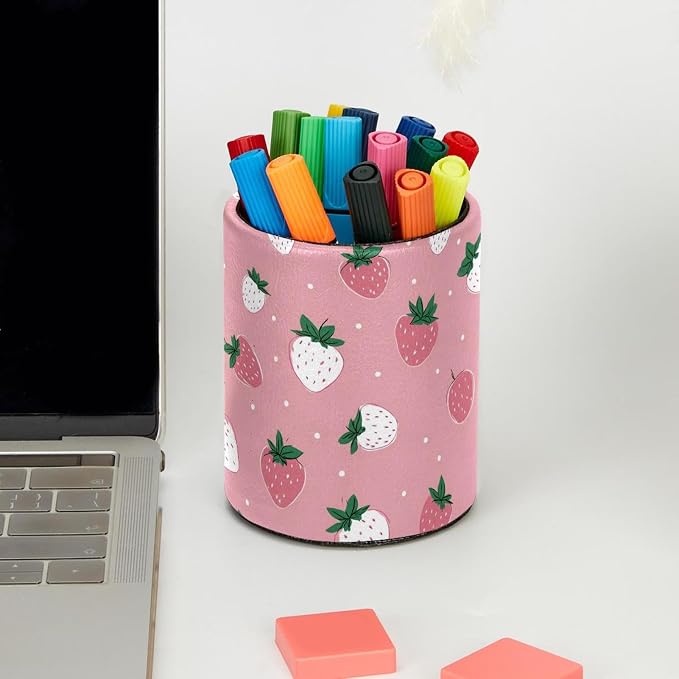 Faux Leather Pen Holder for Desk, Pencil Organizer Pink Strawberries Pen Cup Desk Decor Makeup Brush Holder Storage for Office Home
