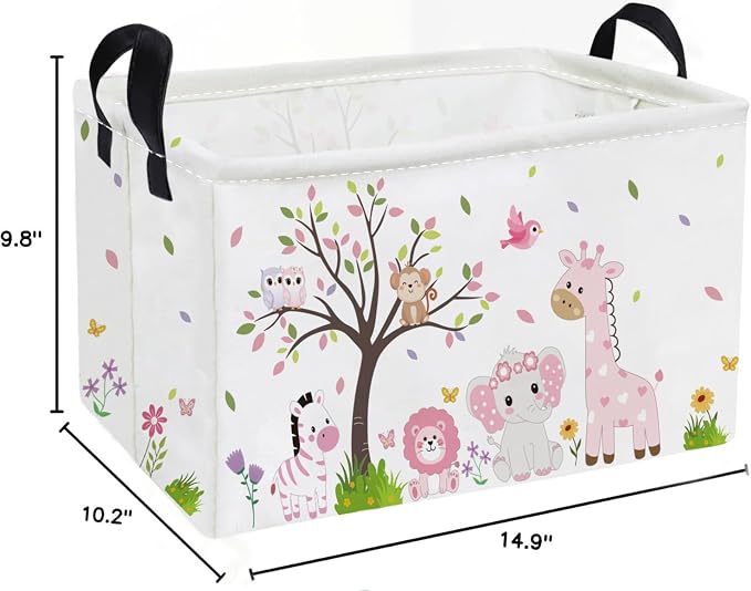 Essme Rectangular Animal Baskets,Pink Storage Basket with Handles for Room Decor,Cute Storage Bin（Pink animal）