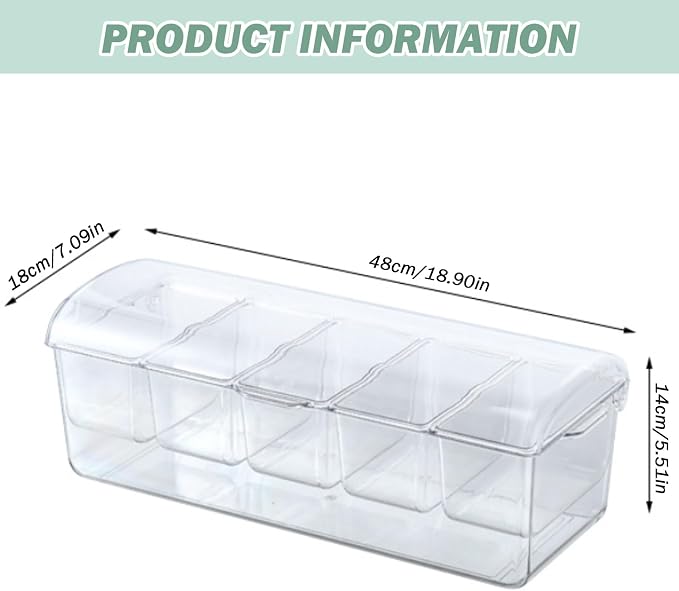 Chilled Condiment Server with Lid 5 Compartment Condiment Tray with Ice Chamber and Handle Food Grade PET Transparent Caddy for Bar Party, Tray with Ice Chamber