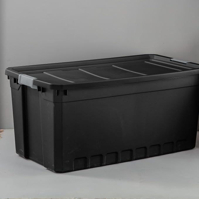 Sterilite 9-Pack Plastic Storage Bins with Lids, Stackable Containers, 50 Gallon, Black