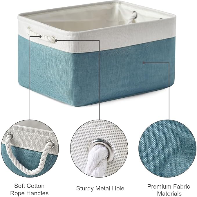 Fabric Storage Bin with Handles,Storage Basket for Home Storage and Organization, Shelf Basket with Cover for Living Room Bedroom Closet（White & Green Large,15.7L*11.8W*8.3H