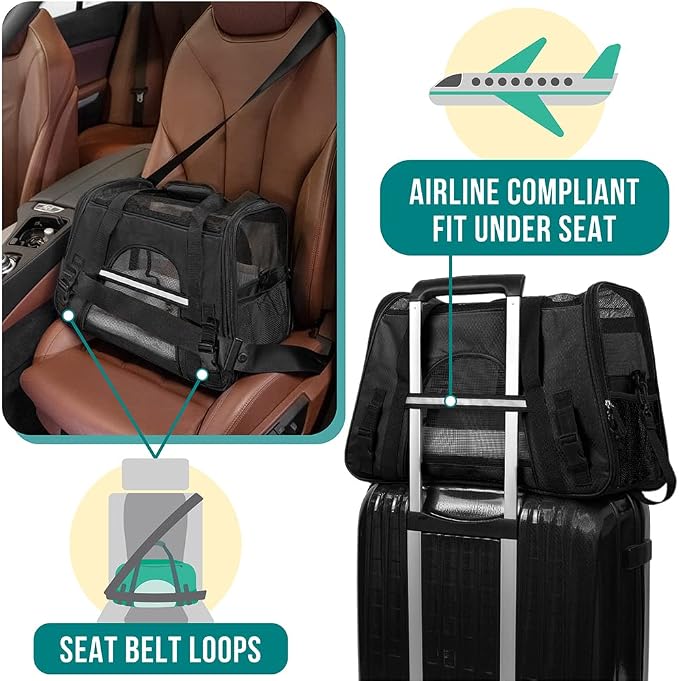 PetAmi Airline Approved Pet Carrier for Cats & Small Dogs, Small, Black | Soft Sided TSA Travel Bag, Sherpa Bed, Breathable Mesh Ventilation, Collapsible Bowl, Fits Under Seat, Up to 18 lbs