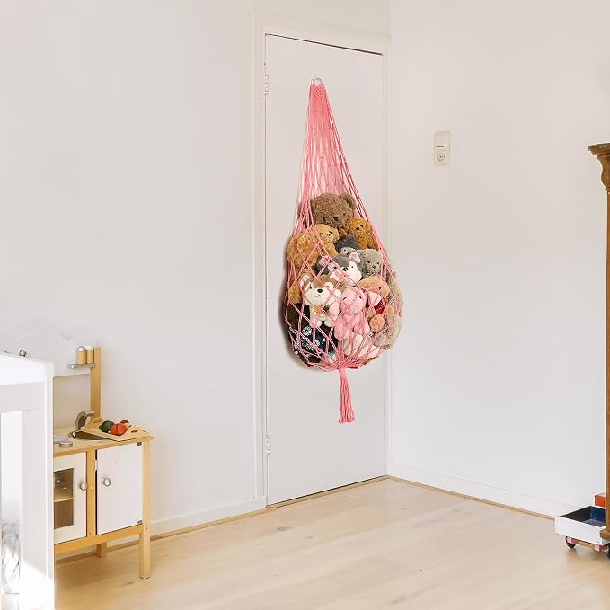 Amdermi Stuffed Animal Net or Hammock Corner Hanging Net for Stuffy Animal Storage Macrame Toy Display Plush Toy Holder Wall Pet Net for Nursery Kid Bedroom Decor Playroom Organizer (Pink XL)