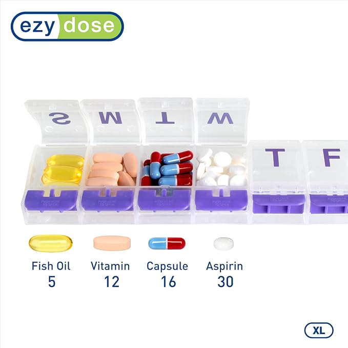 EZY DOSE Weekly (7-Day) Push Button Pill Organizer and Planner, Arthritis Friendly, X-Large, Clear Lids, Purple (67571PAMT) (Pack of 2)