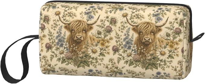 Highland Cow Wildflower Meadow Small Makeup Bag for Women | Double-Sided Highland Cow Floral Cosmetic Organizer with Foam Padding for Women, Travel, Gym, School, and Daily Storage
