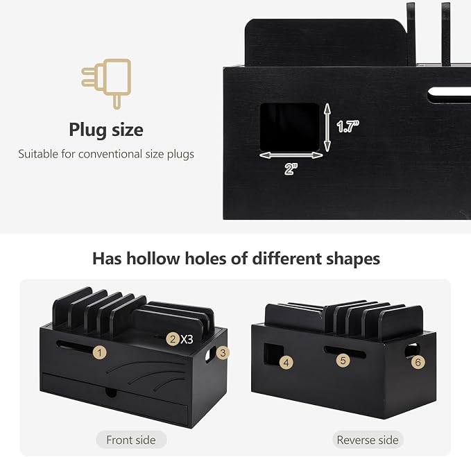 Homde Bamboo Charging Station Organizer: Charger Rack for Multiple Devices | Cable Cord Management Box with 6 Compartments and Drawer - Electronic Docking Stand for Chargers Phones Tablets (Black)