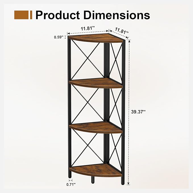 Snughome Rustic Corner Shelf Stand for Desktop, 4 Tier Corner Storage Plant Shelf, Freestanding Corner Shelf Display Rack, Multi-Unit Organizer for Living Room, Home Office, Small Space，Rustic Brown