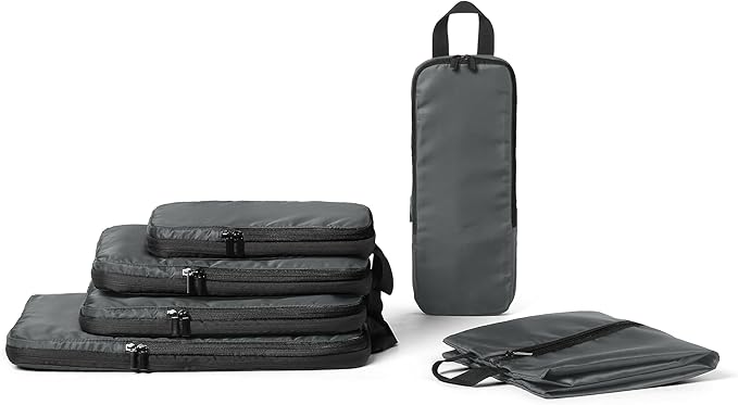 Amazon Essentials Ultralight Compression Packing Cubes, Recycled Fabric, 2 Zippers, 6-Pack, Grey, for Suitcases or Backpacks