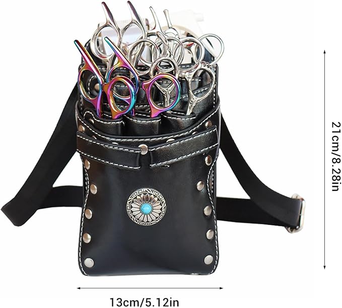 Hairstylist Waist Bag, 7-Slot PU Leather Barber Scissors Tool Bag Shear Holder, Detachable Hair Cutting Organizer for Combs, Clippers, and Spray Bottles (Black)