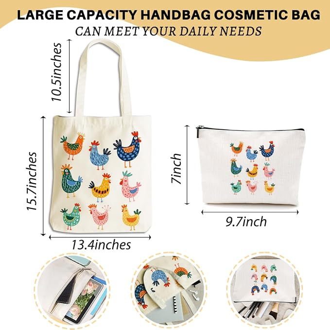 Colorful Aesthetic Cute Chicks Chicken Gifts for Women Girls Sister Chicken Lovers Mom Makeup Bag Cosmetic Bags Canvas Tote Bag, Reusable Grocery Bags with Inner Birthday Christmas Graduation
