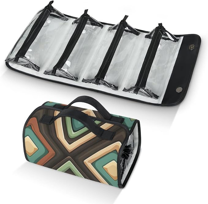 Geometric Shapes Makeup Bag for Women Hanging Roll-Up Travel Organizer Toiletry Kit with 4 Removable Compartments, Mid Century Modern