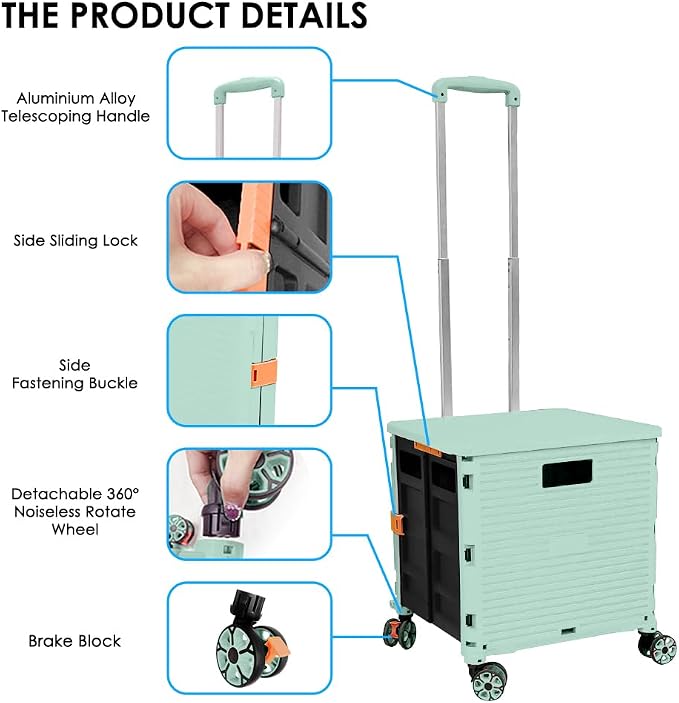 Foldable Utility Cart Portable Collapsible Crate Rolling Carts with Wheels Rolling Tote Basket Teacher Cart with Lid Wear-Resistant 360°Rotate Wheel Noiseless for Shopping Storage Office Use