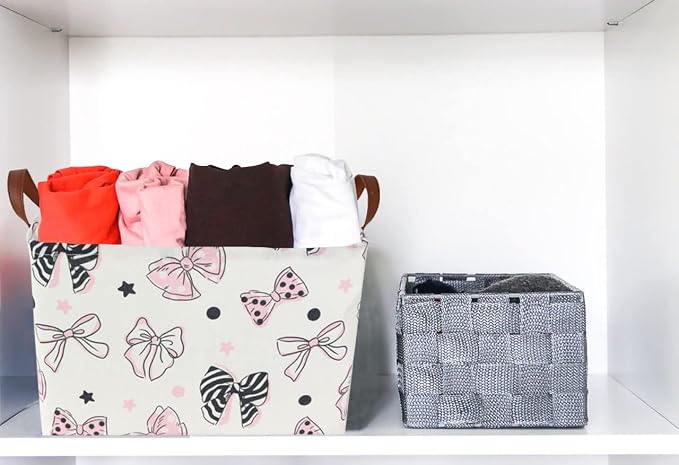 Essme Rectangular Pink Basket ,Mother's Day Basket, Storage Baskets Organizer with Handles for Room Decor,Gift Bins.(Bowknot )