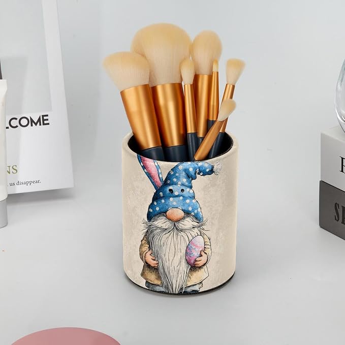 Faux Leather Pen Holder for Desk, Pencil Organizer Cute Easter Elf Pen Cup Desk Decor Makeup Brush Holder Storage for Office Home