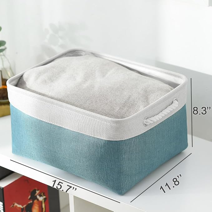 Fabric Storage Bin with Handles,Storage Basket for Home Storage and Organization, Shelf Basket with Cover for Living Room Bedroom Closet（White & Green Large,15.7L*11.8W*8.3H