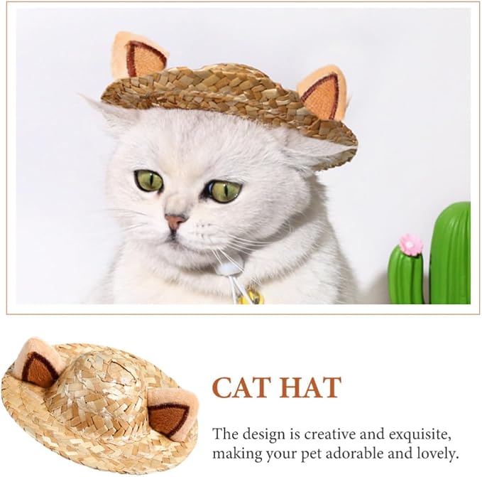 Cat Ear Straw Hat Decorative Pet Headwear for Birthday Parties | Khaki, S 13cm Size, Safe Comfortable Fit, Adorable Holiday Accent