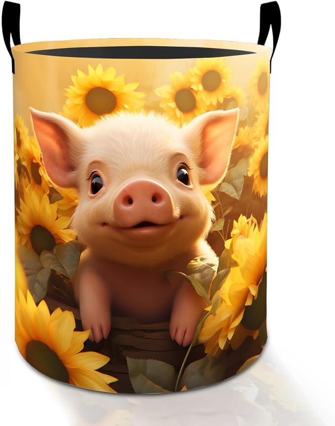 Cute Pig Face Laundry Basket Hamper for Boys Girls Kids Adults, Foldable Waterproof Oxford Clothes Storage Bin, Farm Animal Organizer for Bedroom Bathroom Room Decor 19.7"x15.8"