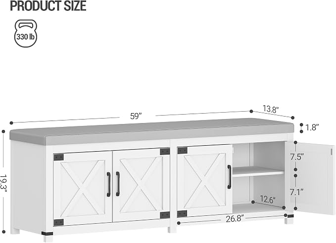Hzuaneri 59" Shoe Storage Bench, with Soft Padded Seat Cushion & Doors | 2 Tier Entryway Storage Bench with Adjustable Shelf, Farmhouse Shoe Cabinet for Living room, Bedroom, White SB31503GY