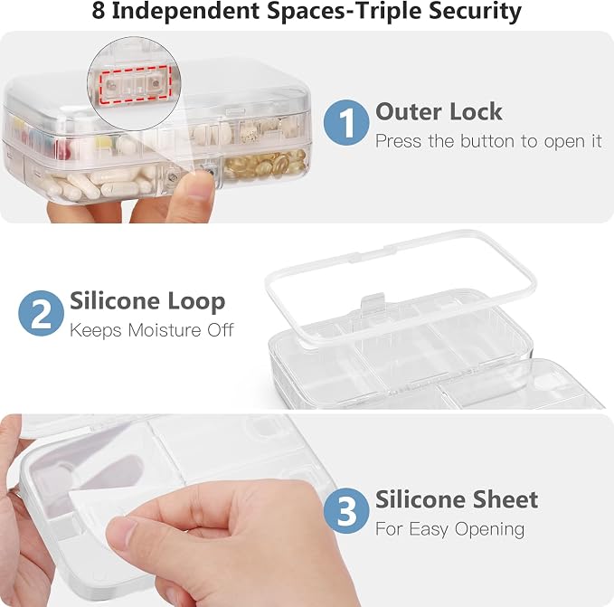 FYY Travel Pill Organizer, Large Weekly Medicine Pill Organizer-Clear | Airtight Moistureproof Medicine Case, Easy to Use, 8 Compartment Pill Box for Vitamins, Fish Oil, Supplements, Mini First Aid