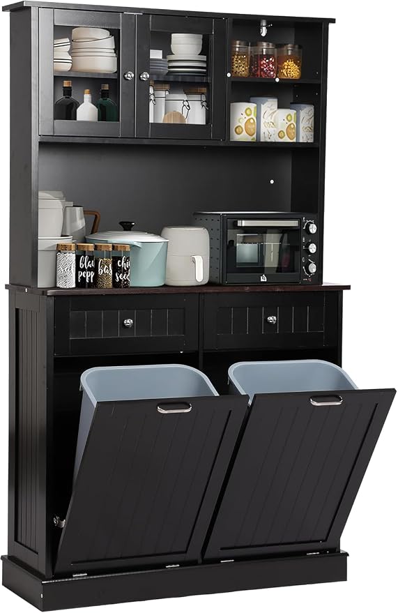 68.4" Kitchen Pantry Storage Cabinet, Freestanding Cupboard with Shelf, 2 Drawers and 2 Tilt Out Trash Cabinet, Tall Cabinets for Kitchen, Dinning Room, Living Room (Glossy Black, Double Tilt)