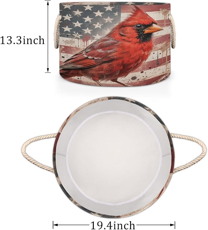 Large Storage Baskets - Red Cardinal American Flag Nursery Organizer Bin Box with Handles Collapsible Round Laundry Hamper for Kids Toys Pet Blanket, Bedroom Living Room Home Decor Gift Basket