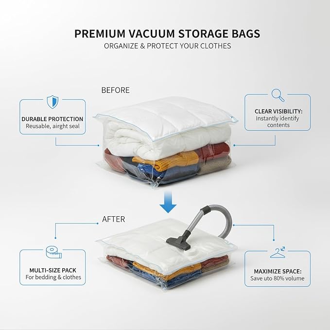 Clear Vacuum Storage Bags with Valve, Reusable Compression Saver for Bedding & Clothes, Space Saving Organizer (1 Pack)