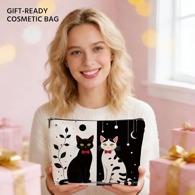 Cute Black White Cat Makeup Bag Cats Gifts Cosmetic Bag Zipper Pouch | Travel Toiletry Bags Christmas Birthday Gifts for Women Mom Girls Sisters Daughters Friends Cats Lover Pet Owner