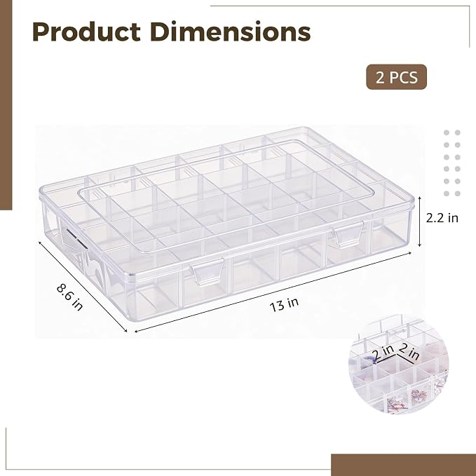 2 Pcs Plastic Organizer Boxes, 24 Grids Clear Storage Containers with Adjustable Dividers, Clear Plastic Organizer Cases for Jewelry, Beads, Findings, Craft Supplies, for Home, Office and Craft Use