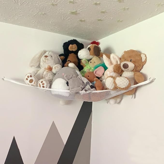Stuffed Animal Storage Hammock - Small Plushie Net - Corner Hanging Stuffed Animal Net Organizer Holder for Teddy Bears Stuffies - Stuffy Hammock for Bedroom (White)