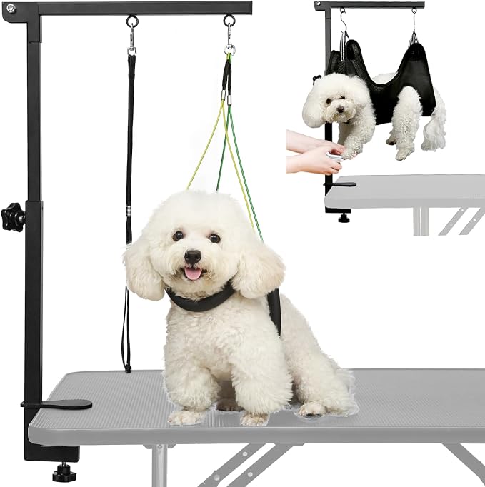 Adjustable Dog Grooming Arm with Clamp Dog Grooming Hammock and Loop Noose | Metal Dog Grooming Table Arm, Adjustable height 17"-35", No Sit Haunch Holder, Grooming Restraint for Small & Medium Dogs