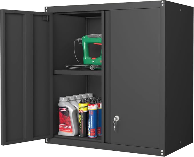 28" H Garage Storage Cabinet, Metal Garage Wall Cabinets with Doors and Shelves, Small Wall Mount Cabinet for Kitchen, Garage, Laundry Room, Pantry, Black