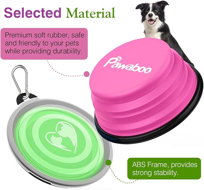 Pawaboo Collapsible Travel Dog Bowls 2 Pack with Lids&Carabiners Silicone | Feeding Watering Bowls for Dogs Cats, Collapsable Water Feeder Food Bowl for Walking Traveling Home Use, Pink + Green