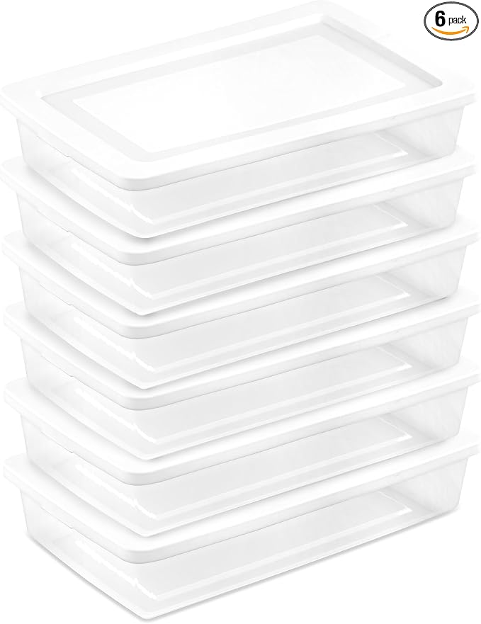 Sterilite 41 Qt Underbed Storage Box, Stackable Bin with Lid, Plastic Container to Organize Bedroom, Clear Base and White Lid, (Pack of 6) | Clear Plastic Containers with Secure Snapping White Lids for Home and Office Organization