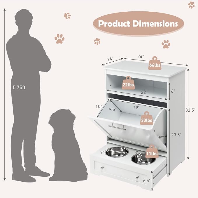 Dog Feeding Station Dogs Food Storage Cabinet Pet Feeder Container with 2 Thick 50oz Stainless Steel Raised Dog Food and Water Bowls, Pet Supply Organizer with Pet Toy Hangers, White
