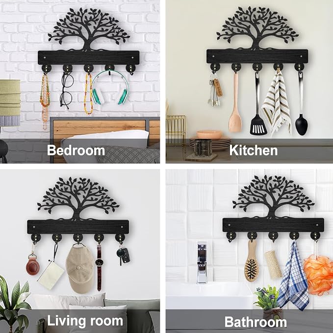 MAYJOYDIY Tree of Life Coat Rack Wall Mount 11.8×7.9inch Lush Tree Key Holder for Wall Decorative Wood Black Key Rack Hanger 5 Alloy Hooks for Wall Art Decor Entryway Front Door Gift