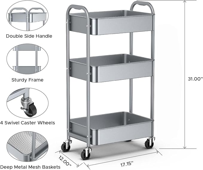MAX Houser 3-Tier Rolling Utility Cart with Caster Wheels,Easy Assembly, for Kitchen, Bathroom (Silvery-Grey) (Pack of 3)