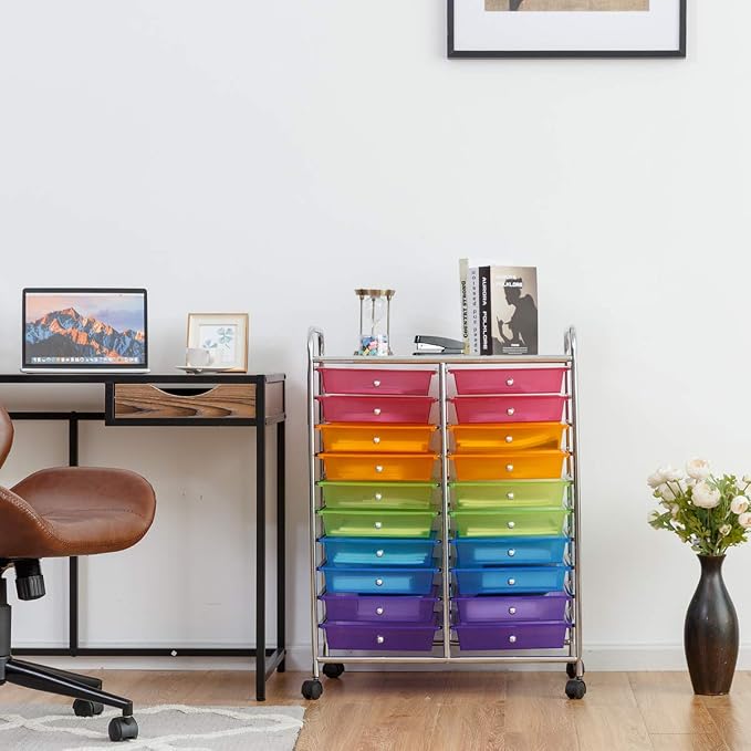 20 Drawer Rolling Storage Cart, Art Cart Organizer with Wheels for Makeup, Tool, Paper, Multipurpose Craft Storage Cart with Drawers for Office, Home, Classroom, Teacher, School (Rainbow)