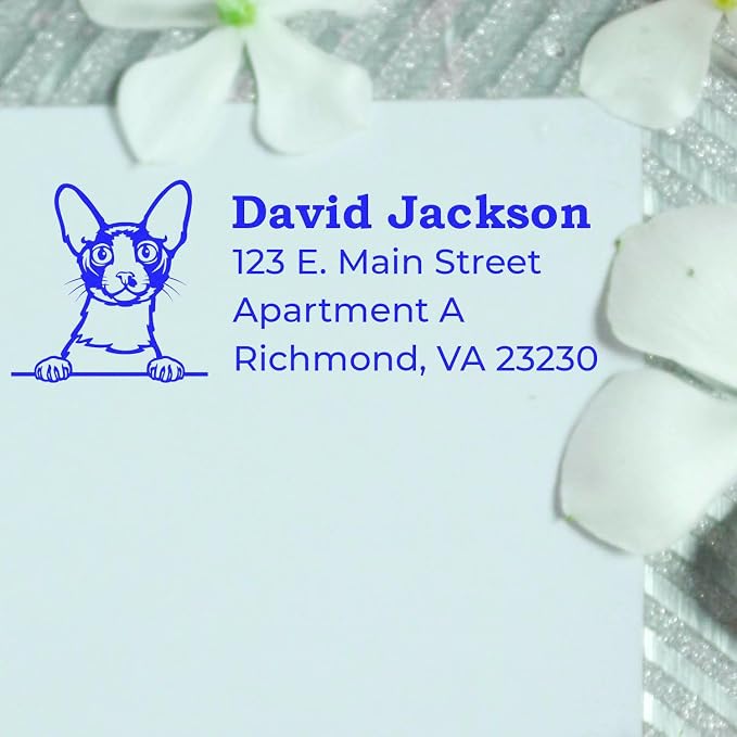 Peeking Cornish Rex Cat Wood Handle Address Stamp - Personalized Stamp | Takes permanent ink. Cornish Rex Cat Personalized Address Stamp. Custom Address Stamp for Cat Moms. 4 lines. Laser-cut.