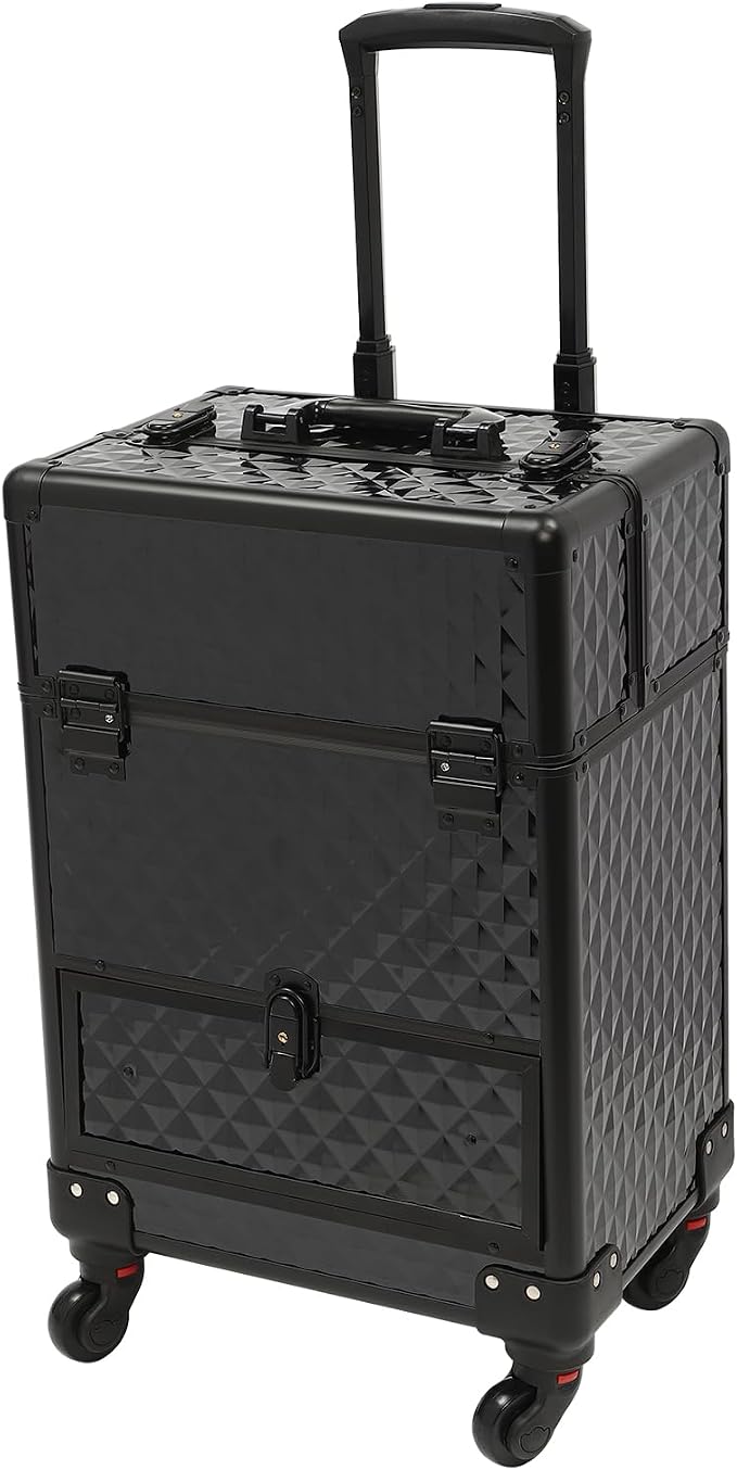 Rolling Makeup Train Case, Nail Cart Organizer with Detachable Wheels &1 Drawer, Lockable Travel Nail Desk, Black Cosmetology Case for Hair Stylists, Pet Groomers, Makeup Artists