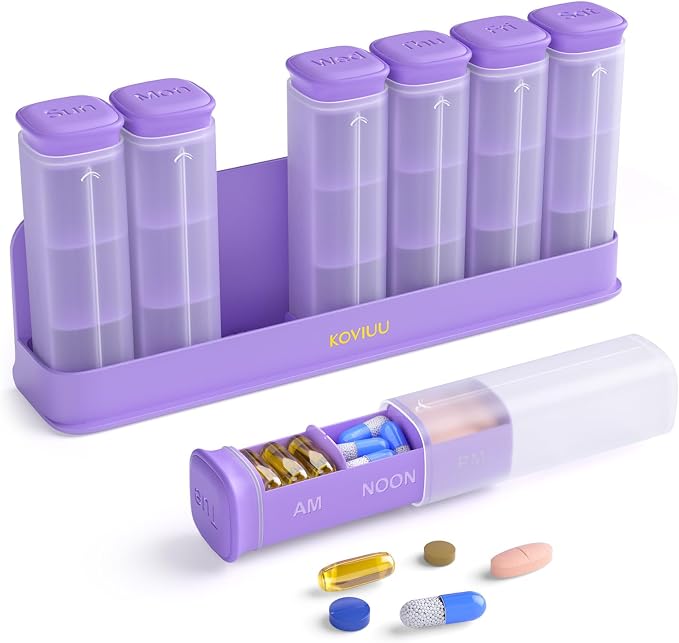 KOVIUU Weekly Pill Organizer 3X a Day, Large Daily 7-Day Pill Box, Purple | Detachable Pill Case with 3 Compartments | Travel Pill Container Holder for Vitamins, Supplements, Medications | BPA-Free