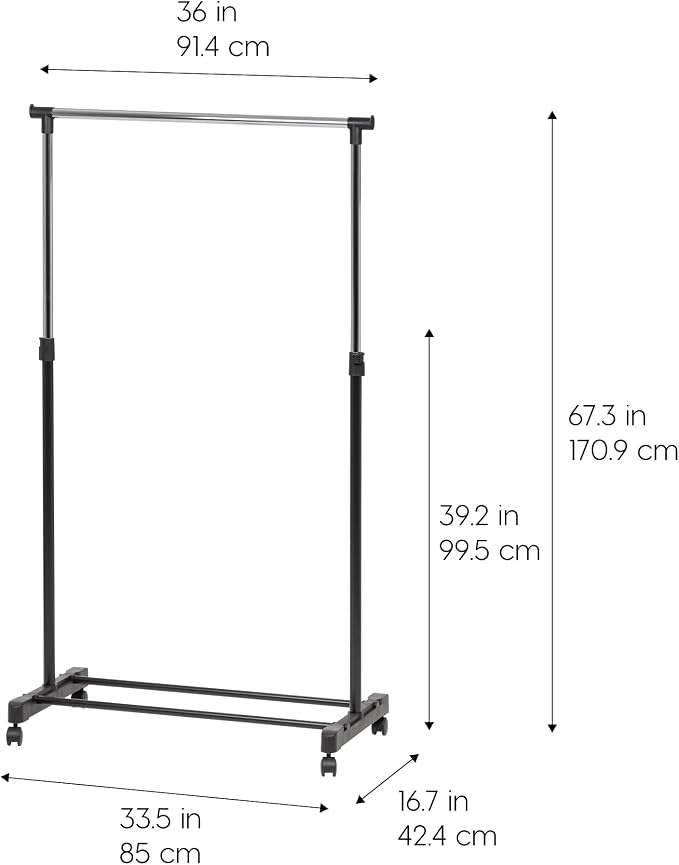 IRIS USA Single Rod Rolling Clothes Rack, Height Adjustable, Black | Adjustable hanging space for garments, accessories, and storage needs with smooth mobility