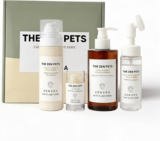ZenSpa 4-in-1 Dog Spa Kit | Oatmeal Shampoo, Conditioner, Paw Cleaner and Nose Balm | Hypoallergenic Natural Formula for Sensitive Skin | All Breeds and Puppies