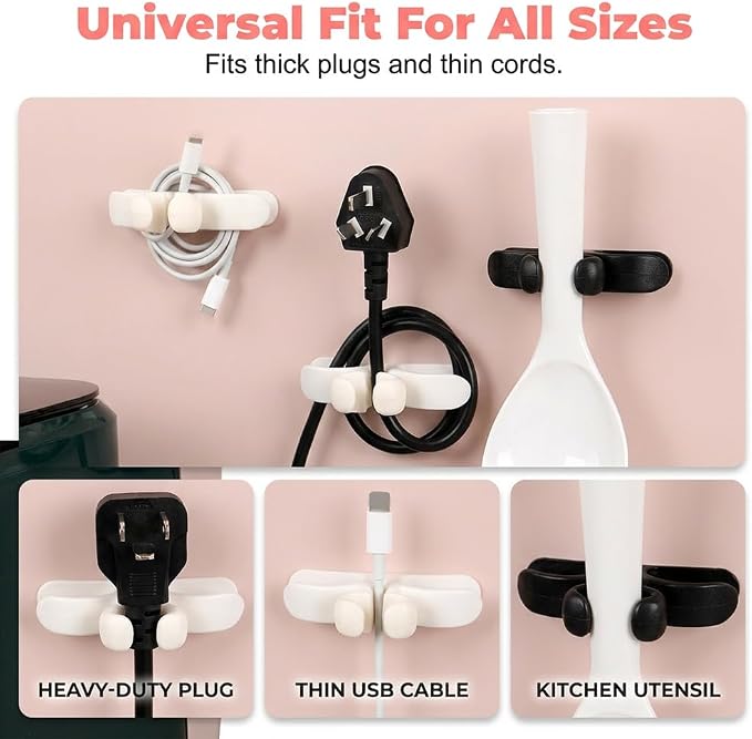 Self-Adhesive Silicone Appliance Cord Organizer Wall Cable Holder，4 | Tangle-Free Design, Universal Wire Clip, Home & Office Use, Fits Thin & Thick Cords, No-Drill Adhesive