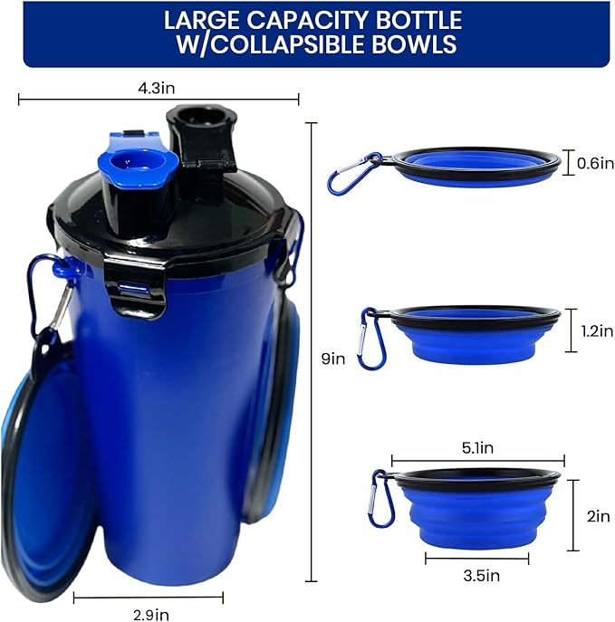 Dog Travel Water Bottle W/Collapsible Bowls - Portable 2 in 1 Leakproof Pet Water Bottle Food Container Ideal for Travel, Outdoor Portable Water Bowls for Walking, Camping & Hiking - (Blue)