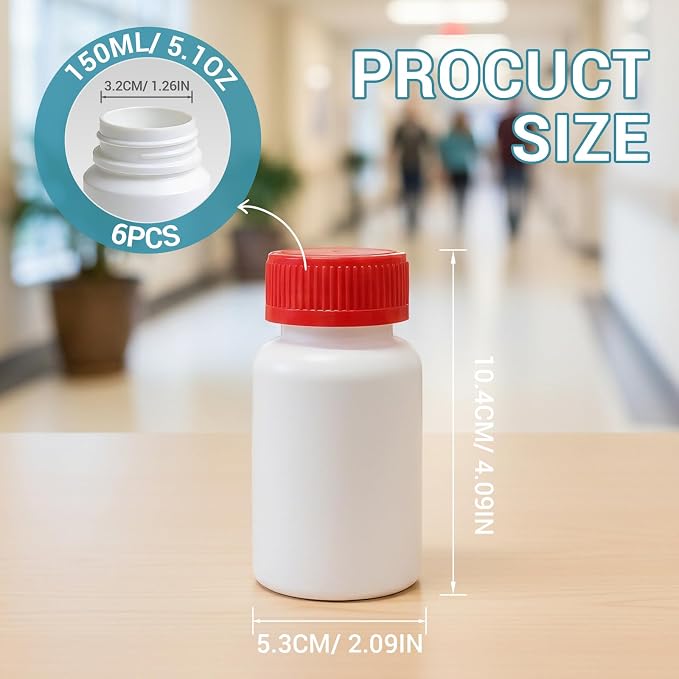 6 Pack 5oz Travel Pill Bottles - White Food Grade Plastic with Screw Caps & Labels, Small Pill Organizer for Pills, Vitamins, Capsules