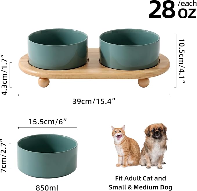 Havniva Raised Cat Bowl, 6.1” Elevated Ceramic Cat Food and Water Bowl Set | Cat Bowls Elevated, Whisker Friendly Cat Bowl, Non-Slip Wood Stand, Food-Grade Ceramic, Wide Opening, Dishwasher Safe
