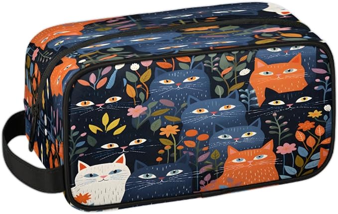 QsirBC Cute Cats Pets Flowers Versatile Toiletry Bag Cosmetic Makeup Organizer Travel Shaving Kit with Handle Large Capacity Waterproof Polyester Bag for Men Women