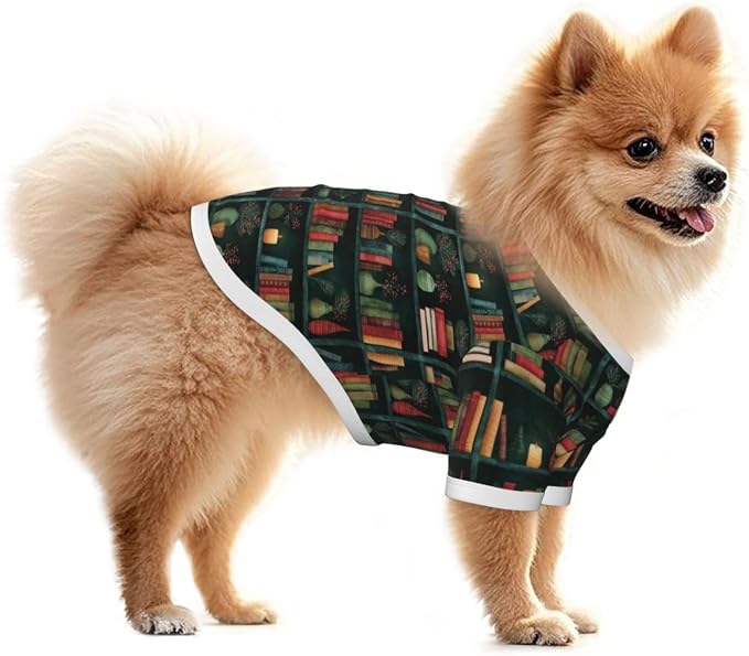 Bookshelf Green Books Dog T Shirt Dogs Cats Cotton Shirts Short Sleeve Clothes Soft Stretchy Pet Costume Doggy Outfit Pullover Jumper Puppy Sweatshirt Large